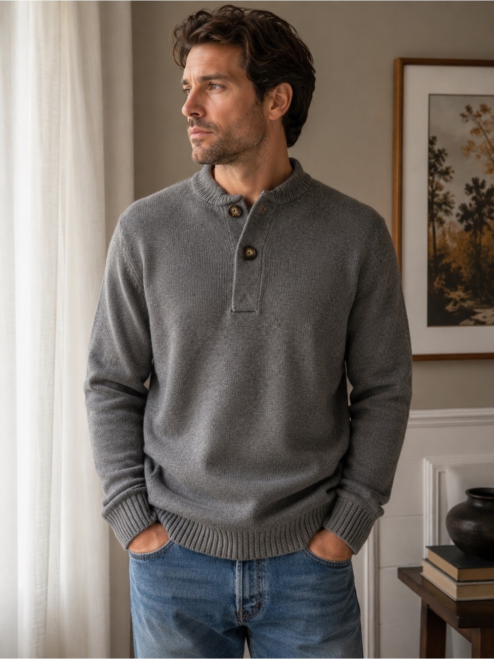 Eddie Bauer Men's Grey Cotton Two-Button Crewneck Sweater